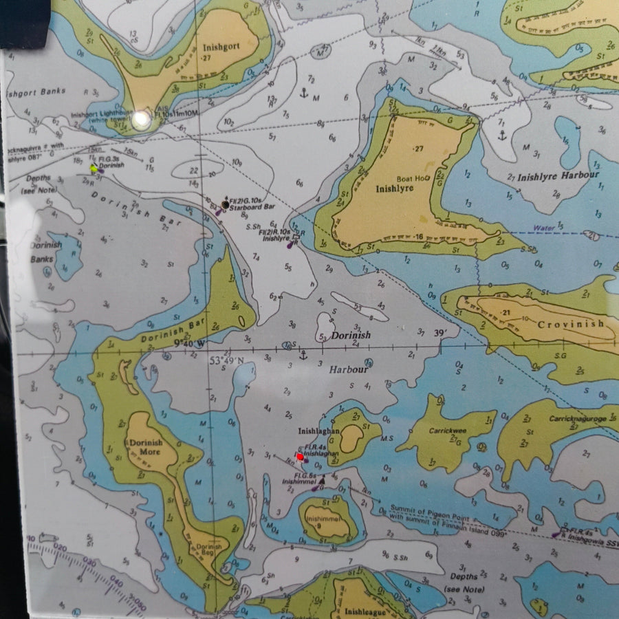 Map of a coastal area with water bodies and landforms, possibly used for navigation or educational purposes.